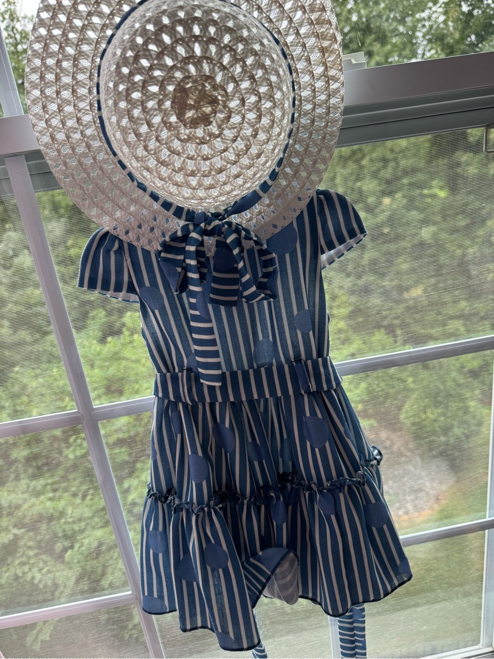 Girls' Navy Stripe & Dot Tiered Dress with Bow